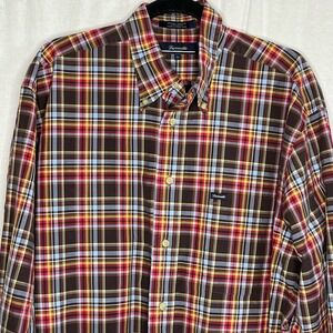 Faconnable Red‎ Brown Yellow Plaid Check Button Down Casual Shirt Size Large